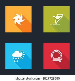 Set Tornado, , Cloudy with rain and sun and Wind icon. Vector.