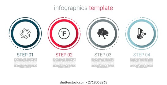 Set Tornado, Fahrenheit, Wolke mit Regen und Blitz und Meteorologie Thermometer. Vorlage für Geschäftsinformationen. Vektorgrafik