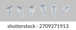A set of tornado funnels of various shapes on an isolated transparent background. Destructive whirlwind, climate phenomenon, hurricane, powerful cyclone. Vector illustration