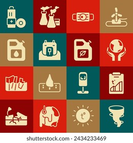 Set Tornado, Global warming, Hands holding Earth globe, Medical protective mask, Polar bear head, Canister for gasoline, Battery and Bio fuel canister icon. Vector