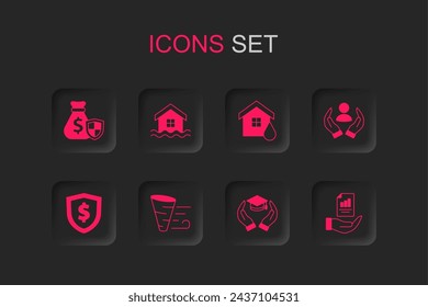 Set Tornado, Inundación de la casa, Bolsa de dinero con escudo, Subsidio de educación, Seguro de vida, Mano de contrato, y Escudo icono de dólar. Vector