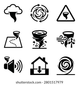 Set of tornado and hurricane icons, vector illustration of natural disasters, weather symbols, storm warning, wind vortex, cyclone, and safety measures