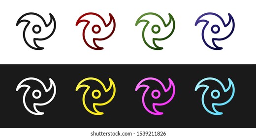 Set Tornado icon isolated on black and white background. Cyclone, whirlwind, storm funnel, hurricane wind or twister weather icon.  Vector Illustration