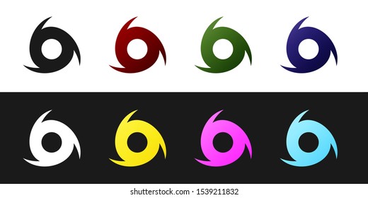 Set Tornado icon isolated on black and white background. Cyclone, whirlwind, storm funnel, hurricane wind or twister weather icon.  Vector Illustration