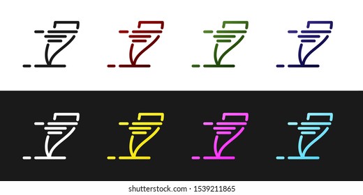 Set Tornado icon isolated on black and white background. Cyclone, whirlwind, storm funnel, hurricane wind or twister weather icon.  Vector Illustration