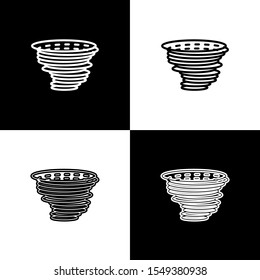 Set Tornado icon isolated on black and white background. Cyclone, whirlwind, storm funnel, hurricane wind or twister weather icon.  Vector Illustration