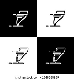 Set Tornado icon isolated on black and white background. Cyclone, whirlwind, storm funnel, hurricane wind or twister weather icon.  Vector Illustration