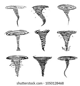 Set Of Tornado Icons Black Line Sketch On White. Vector