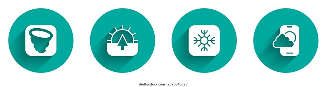 Set Tornado, Sunrise, Snowflake and Weather forecast app icon with long shadow. Vector