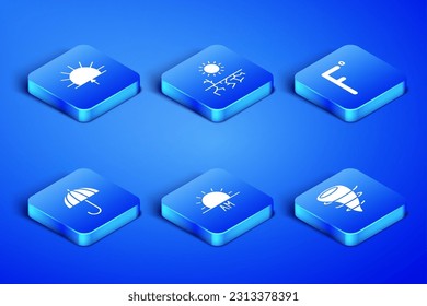 Set Tornado, Sunrise, Umbrella, Drought and Fahrenheit icon. Vector