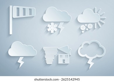 Conjunto Tornado remolino, nublado con nieve, tormenta y relámpagos e icono de veleta de viento de cono. Vector