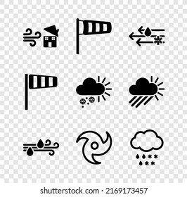 Set Tornado swirl, Cone meteorology windsock wind vane, Wind and rain with snow, Cloud,  and Cloudy icon. Vector