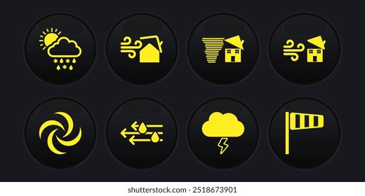 Set Tornado, swirl, Wind and rain, Storm, Cone windsock wind vane and Cloud with snow, sun icon. Vector