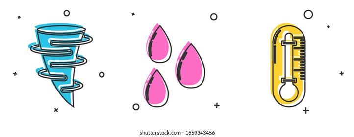 Set Tornado, Water drop and Thermometer icon. Vector