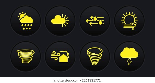 Set Tornado, Wind and sun, swirl, rain, Cloudy, Storm and with snow, icon. Vector