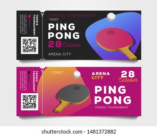 set of torn-off ping pong tournament tickets with rackets and balls and qr code