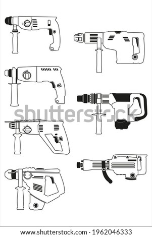 A set of torsional power tools, drilling machines, rotary hammers,  punchers and jackhammers of different power, contour isolated black and white vector drawings.