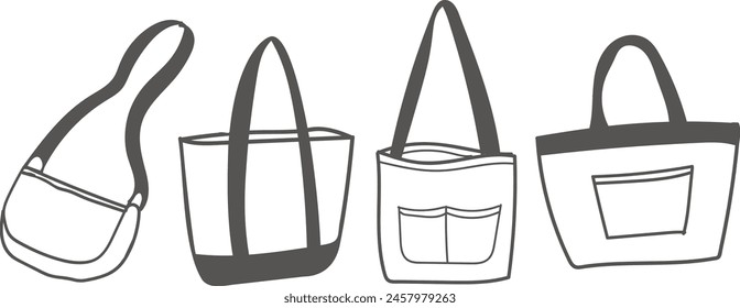 Set Tote bag, canvas bag doodle hand drawing outline art illustration