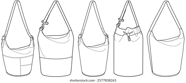 Set of tote bag flat sketch vector illustration drawstring, duffle adjustable strap bag design technical cad drawing template	
