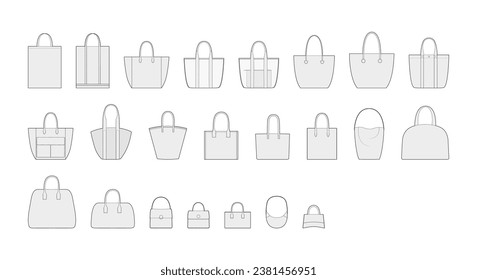 Set of Tote Bags silhouette. Fashion accessory technical illustration. Vector satchel front 3-4 view for Men, women, unisex style, flat handbag CAD mockup sketch outline isolated