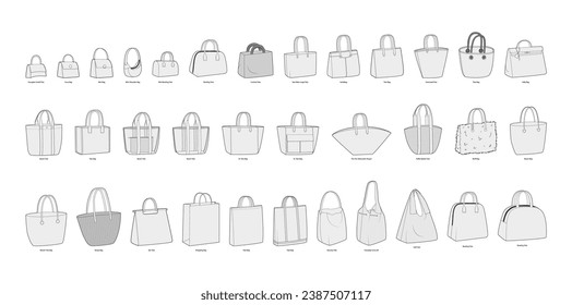 Set of Tote Bags silhouette. Fashion accessory technical illustration. Vector satchel front 3-4 view for Men, women, unisex style, flat handbag CAD mockup sketch outline isolated