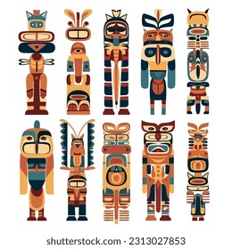 Set of totem in a flat style, showcasing the rich cultural heritage and symbolism of totem poles