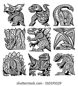 A set of totem styled dinosaurs