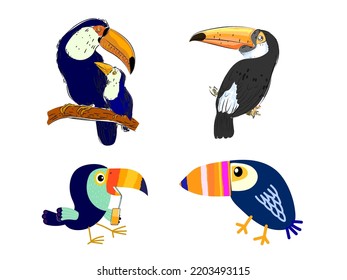 Set Of Toucan Bird Icon Character Mascot Animal Vector Illustration.