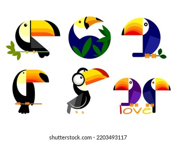 Set Of Toucan Bird Icon Character Mascot Animal Vector Illustration.