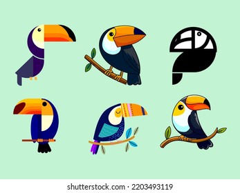 Set Of Toucan Bird Icon Character Mascot Animal Vector Illustration.