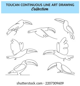 Set of toucan bird one continuous line drawing. Cute decoration hand drawn elements. Vector illustration of minimalist style on a white background.