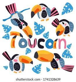 Set of toucan birds cartoon character with funny text toucan. Cute flat vector illustration isolated on white. South America fauna. Exotic colorful birds for zoo ad, nature concept, children book ets