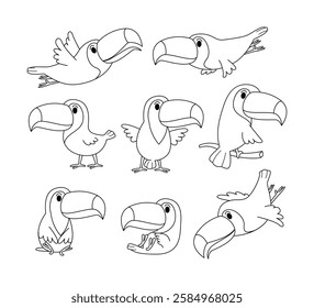 Set of toucan doodle collection, flamingo outline coloring page book animals for kindergarten, Vector line art set of animals wildlife, Hand drawn, Minimal toucan line art doodle in different pose