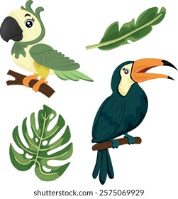 Set, toucan, parrot, banana leaf, monstera leaf. Vector clipart, illustration with isolated background.