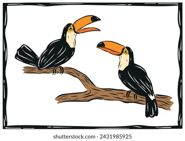 Set of toucans from different angles on a white background. Vector beautiful toucan characters in woodcut style