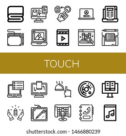 Set of touch icons such as Cover, Graphic tablet, Choose, Laptop, Fingerprint, Digital book, Ebook, Hands, Responsive, Hand, Interactive, Cell, Phone book, Music book , touch