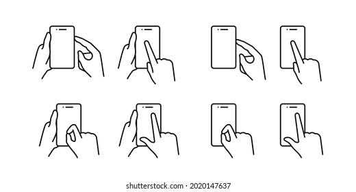 Set Of Touch Screen Gesture Icons. Hand Holding A Phone. Pressing The Smartphone Screen And The Side Button, Zooming In And Out. Isolated Vector Outline Symbols On White Background, Editable Strokes