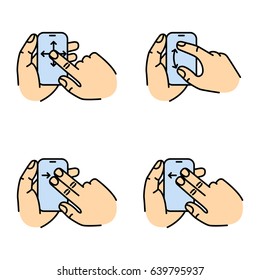 Set of touch screen gesture. Multi touch symbols for web site design and mobile apps. Simple linear vector pictograms on a white background.