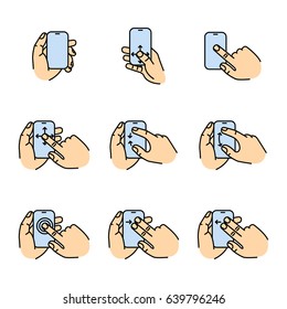 Set of touch screen gesture. Multi touch symbols for web site design and mobile apps. Simple linear vector pictograms on a white background.