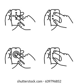 Set of touch screen gesture. Multi touch symbols for web site design and mobile apps. Simple linear vector pictograms on a white background.