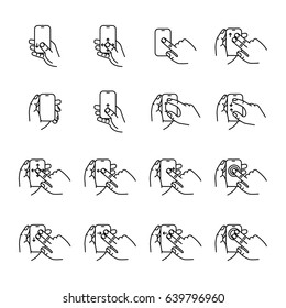 Set of touch screen gesture. Multi touch symbols for web site design and mobile apps. Simple linear vector pictograms on a white background.