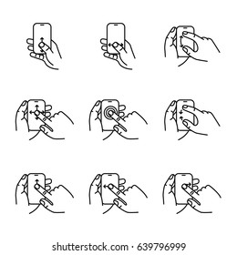 Set of touch screen gesture. Multi touch symbols for web site design and mobile apps. Simple linear vector pictograms on a white background.