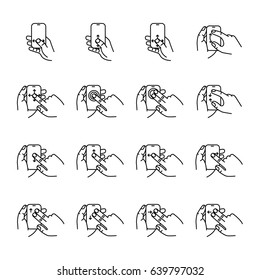 Set Of Touch Screen Gesture. Multi Touch Symbols For Web Site Design And Mobile Apps. Simple Linear Vector Pictograms On A White Background.