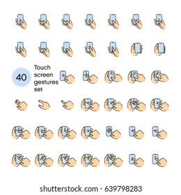 Set Of Touch Screen Gesture. Multi Touch Symbols For Web Site Design And Mobile Apps. Simple Linear Vector Pictograms On A White Background.