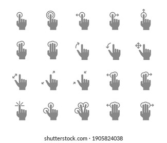 Set of touch screen gestures grey icon. Hand click, finger multi touch, cursor pointer and more.
