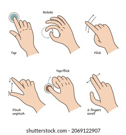 Set Of Touch Screen Gestures. Hand Click, Finger Multi Touch, Cursor Pointer And More. Interface (vector Hand Icons)