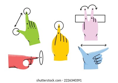 Set of touch screen gestures icon illustrations. Hand click, finger multi touch, cursor pointer and more. App interface presentation design elements isolated on the background