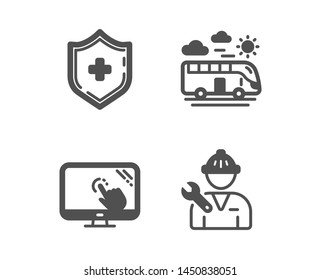 Set of Touch screen, Medical shield and Bus travel icons. Repairman sign. Web support, Medicine protection, Transport. Repair service.  Classic design touch screen icon. Flat design. Vector