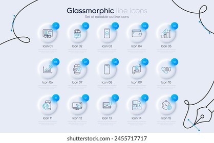 Conjunto de pantalla táctil, protección del teléfono e iconos de la línea de la cartera para el App del Web. Internet Vip, foto de Descarga, iconos de Internet 5g. Tarjetas, Smartphone, Bitcoin atm señales. Mensajes telefónicos. Vector