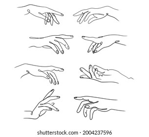 Set of touching hands. Collection of help from the human hand. Holding gestures. Symbol in religion. Vector illustration of god hands for print on clothes.